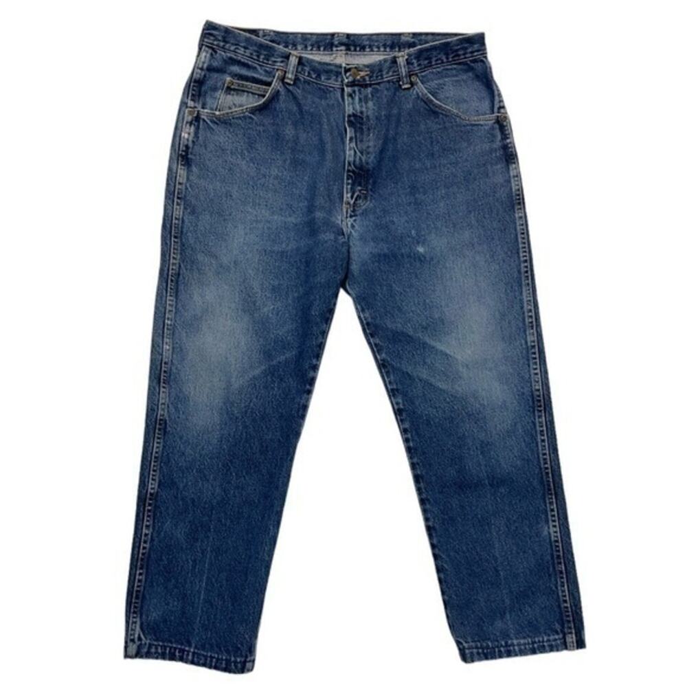 Wrangler Jeans Size 38 medium wash blue distressed denim workwear 90s vintage